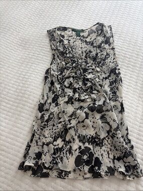 Lauren Ralph Lauren Black and White Ruffled Floral Sleeveless Dress